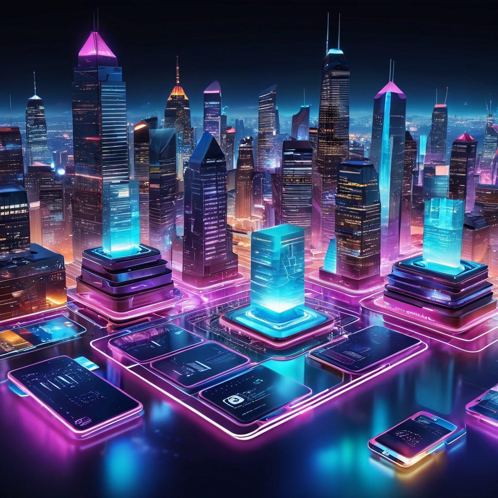 A futuristic cityscape representing the digital landscape, featuring floating digital cards surrounded by secure locks and innovative technology visuals. Incorporate diverse individuals using devices, showcasing collaboration and security in card management. Use vibrant colors and a slight neon glow to emphasize the digital theme. sci-fi aesthetic. super-realistic. vibrant colors.