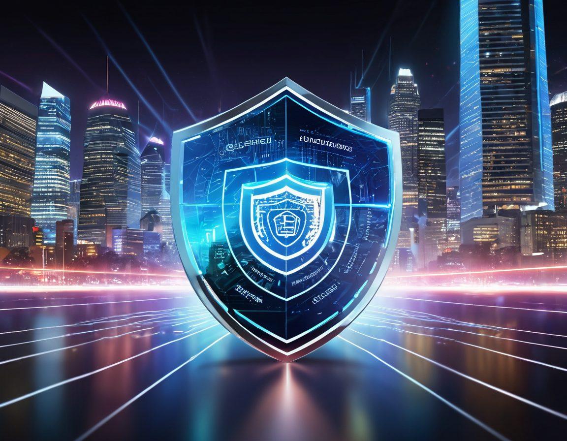 A dynamic illustration showcasing a digital shield enveloping an array of membership cards and IDs, symbolizing secure credentialing. In the background, a futuristic cityscape with glowing data streams emphasizes transformation and security. Light beams radiate from the shield, highlighting innovation in technology and safety. Include diverse individuals engaging with biometric scanners and digital devices. vibrant colors. super-realistic.