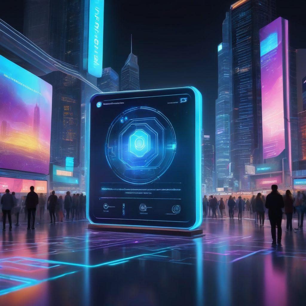A futuristic digital card displaying vibrant holographic designs and biometric features, surrounded by high-tech elements symbolizing secure credential verification. Incorporate icons of trust, security, and innovation, with a diverse group of individuals engaging with their digital identities in a modern urban setting. The background showcases a sleek cityscape illuminated by glowing billboards, embodying the essence of technological advancement. super-realistic. vibrant colors. 3D.